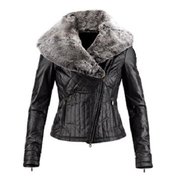 Ladies Washed 100% Soft Lamb Leather Faux Fur Collar Quilted Jacket: X-Small