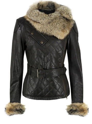 Ladies Washed 100% Soft Lamb Leather Quilted Raccoon Fur Collar Jacket: X-Small