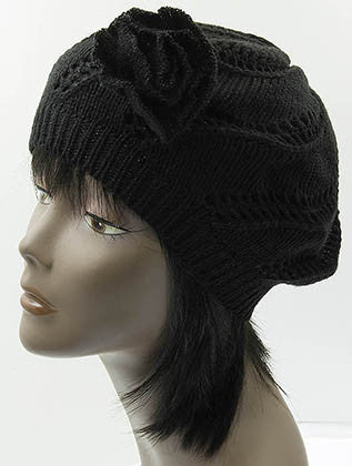 HAT AND CAP   KNITTED FLOWER ACCENT  DAH2426BLK - Scarvesnthangs
 - 3