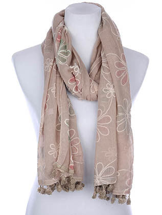 SCARF   FLORAL PATTERN EMBROIDERED  KYF7029BEG