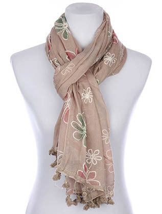 SCARF   FLORAL PATTERN EMBROIDERED  KYF7029BEG - Scarvesnthangs
 - 3