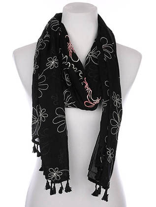SCARF   FLORAL PATTERN EMBROIDERED  KYF7029BLK