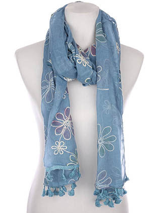 SCARF   FLORAL PATTERN EMBROIDERED  KYF7029BLU