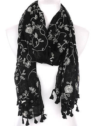 SCARF   FLORAL PATTERN EMBROIDERED  KYF7030BLK