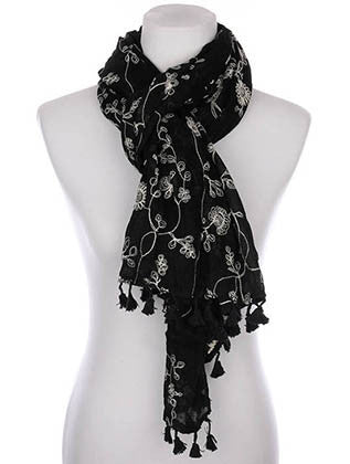 SCARF   FLORAL PATTERN EMBROIDERED  KYF7030BLK - Scarvesnthangs
 - 3