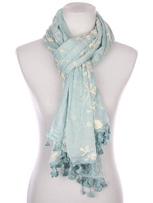 SCARF   FLORAL PATTERN EMBROIDERED  KYF7030LBLU - Scarvesnthangs
 - 3