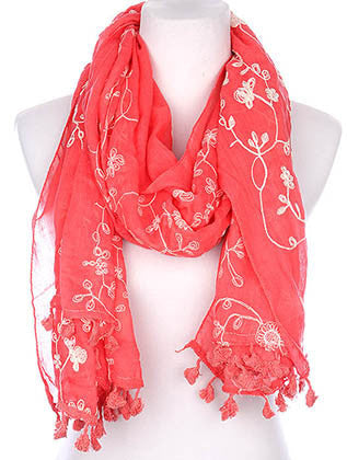 SCARF   FLORAL PATTERN EMBROIDERED  KYF7030RED