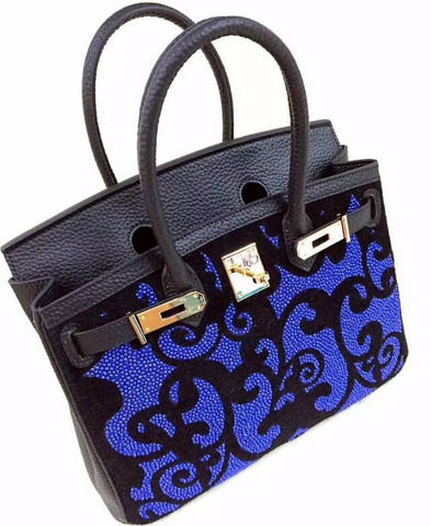 Blue tote with black scroll design