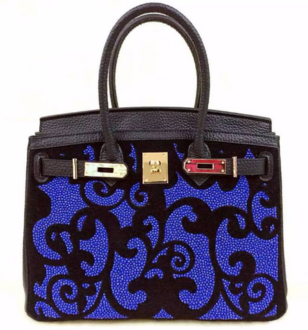 Blue tote with black scroll design
